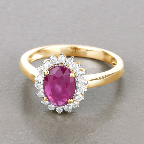 Anillo de oro amarillo de 14K con rubí genuino de 1,64 quilates y diamantes blancos