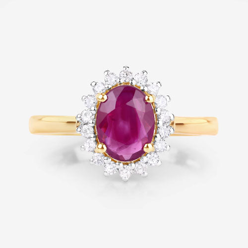 Anillo de oro amarillo de 14K con rubí genuino de 1,64 quilates y diamantes blancos
