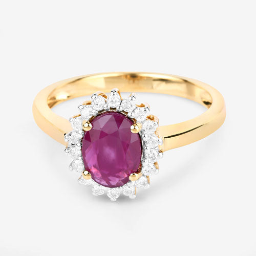 Anillo de oro amarillo de 14K con rubí genuino de 1,64 quilates y diamantes blancos