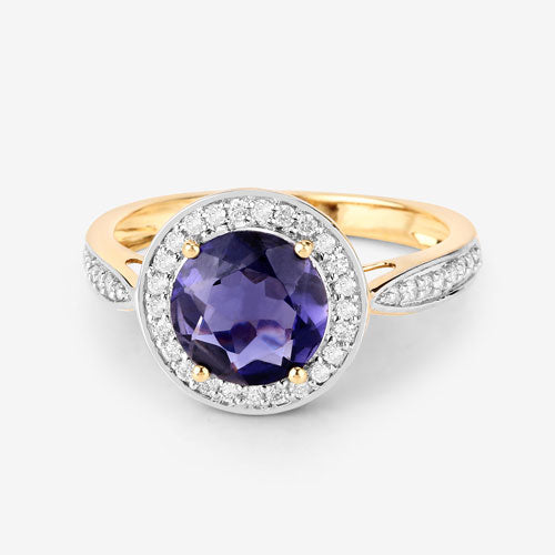 Anillo de oro amarillo de 14K con iolita genuina de 1,79 quilates y diamantes blancos