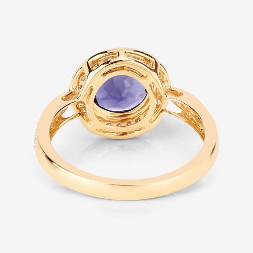 Anillo de oro amarillo de 14K con iolita genuina de 1,79 quilates y diamantes blancos
