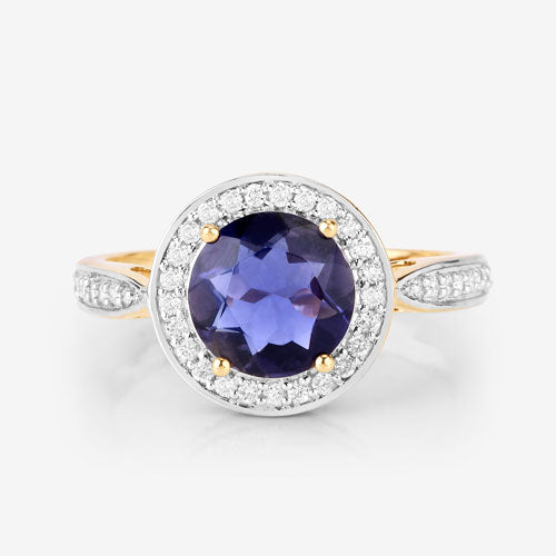 Anillo de oro amarillo de 14K con iolita genuina de 1,79 quilates y diamantes blancos