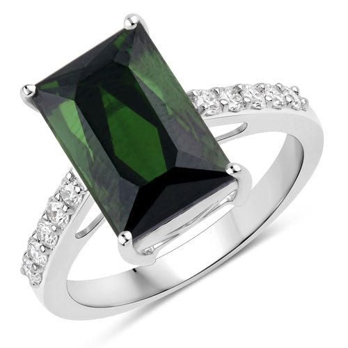 Anillo de oro blanco de 14K con turmalina verde genuina de 6,16 quilates y diamantes blancos