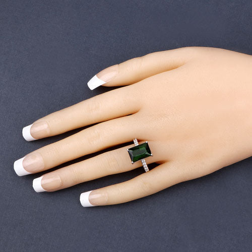 Anillo de oro blanco de 14K con turmalina verde genuina de 6,16 quilates y diamantes blancos