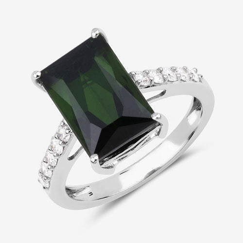 Anillo de oro blanco de 14K con turmalina verde genuina de 6,16 quilates y diamantes blancos