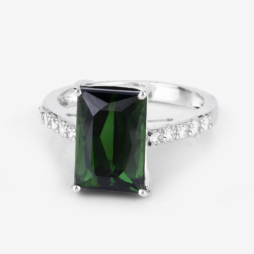 Anillo de oro blanco de 14K con turmalina verde genuina de 6,16 quilates y diamantes blancos