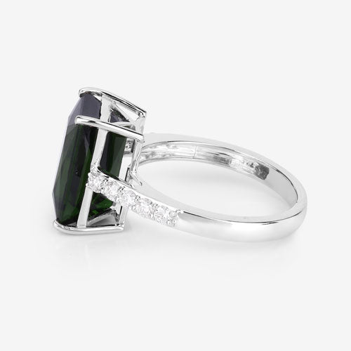 Anillo de oro blanco de 14K con turmalina verde genuina de 6,16 quilates y diamantes blancos