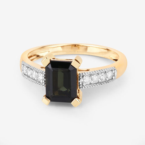 Anillo de oro amarillo de 14K con turmalina verde genuina de 1,91 quilates y diamante blanco