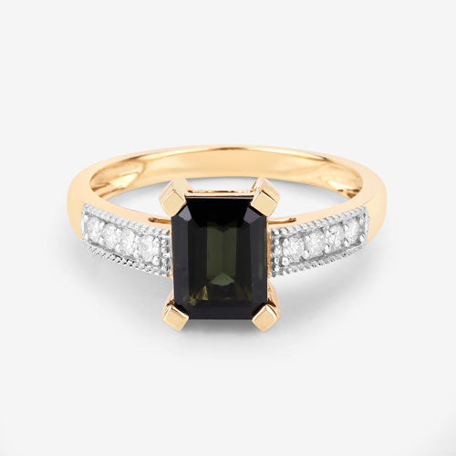 Anillo de oro amarillo de 14K con turmalina verde genuina de 1,91 quilates y diamante blanco