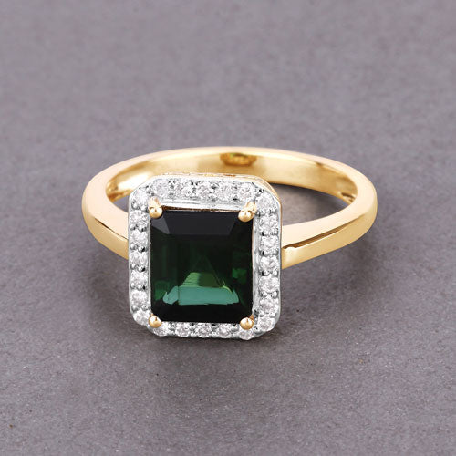 Anillo de oro amarillo de 14K con turmalina verde natural de 3,02 quilates y diamantes blancos
