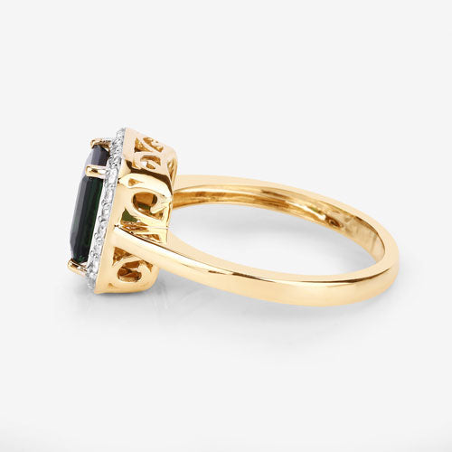Anillo de oro amarillo de 14K con turmalina verde natural de 3,02 quilates y diamantes blancos