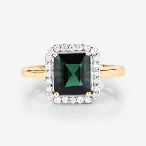 Anillo de oro amarillo de 14K con turmalina verde natural de 3,02 quilates y diamantes blancos