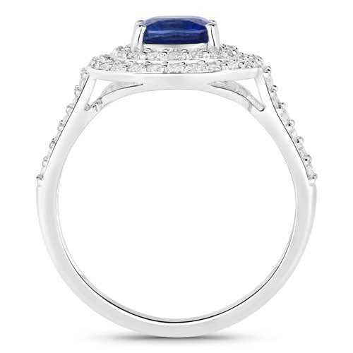 Anillo de oro blanco de 18 quilates con zafiro azul auténtico de 1.96 quilates y diamante blanco