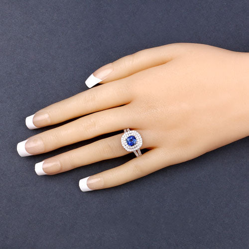 Anillo de oro blanco de 18 quilates con zafiro azul auténtico de 1.96 quilates y diamante blanco
