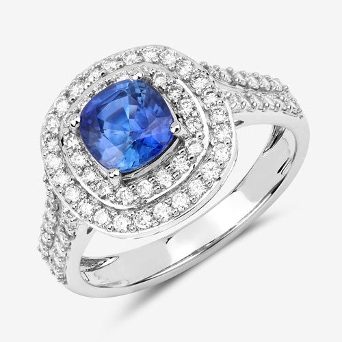 Anillo de oro blanco de 18 quilates con zafiro azul auténtico de 1.96 quilates y diamante blanco
