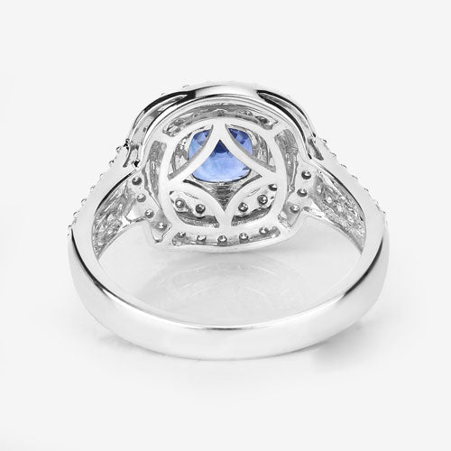 Anillo de oro blanco de 18 quilates con zafiro azul auténtico de 1.96 quilates y diamante blanco