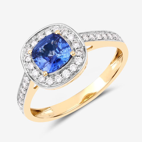 Anillo de oro amarillo de 18 quilates con zafiro azul auténtico de 1,31 quilates y diamantes blancos