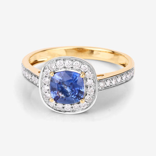 Anillo de oro amarillo de 18 quilates con zafiro azul auténtico de 1,31 quilates y diamantes blancos
