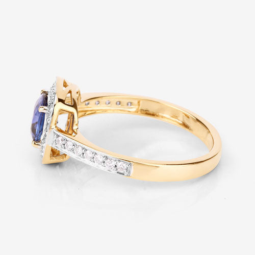 Anillo de oro amarillo de 18 quilates con zafiro azul auténtico de 1,31 quilates y diamantes blancos