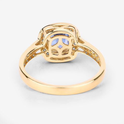 Anillo de oro amarillo de 18 quilates con zafiro azul auténtico de 1,31 quilates y diamantes blancos