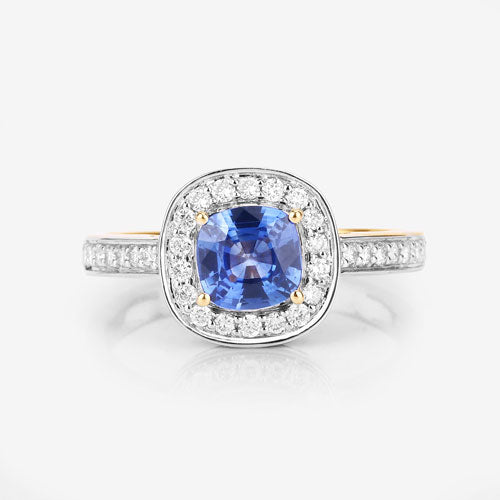 Anillo de oro amarillo de 18 quilates con zafiro azul auténtico de 1,31 quilates y diamantes blancos