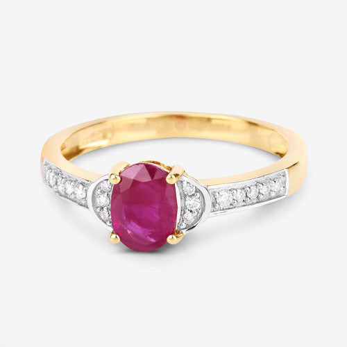 Anillo de oro amarillo de 10K con rubí genuino de 0,95 quilates y diamantes blancos