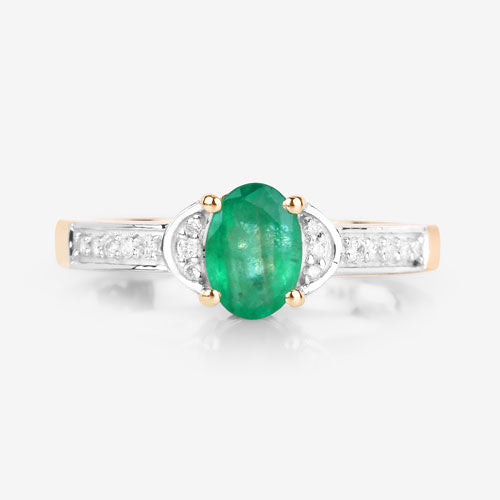 Anillo de oro amarillo de 14 quilates con esmeralda zambiana auténtica de 0,82 quilates y diamantes blancos