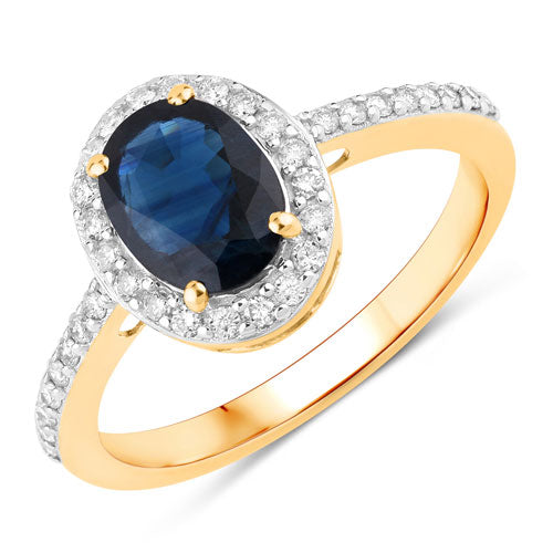 Anillo de oro amarillo de 14K con zafiro azul auténtico de 1.82 quilates y diamante blanco
