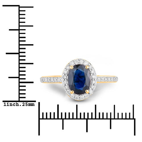 Anillo de oro amarillo de 14K con zafiro azul auténtico de 1.82 quilates y diamante blanco