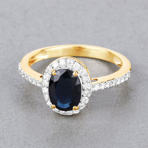 Anillo de oro amarillo de 14K con zafiro azul auténtico de 1.82 quilates y diamante blanco