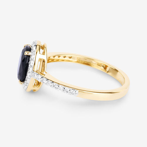 Anillo de oro amarillo de 14K con zafiro azul auténtico de 1.82 quilates y diamante blanco