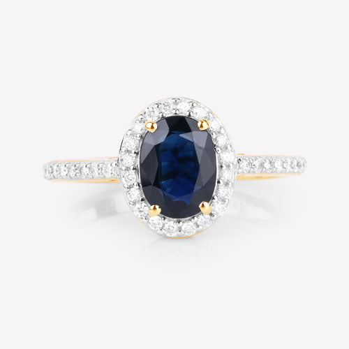 Anillo de oro amarillo de 14K con zafiro azul auténtico de 1.82 quilates y diamante blanco