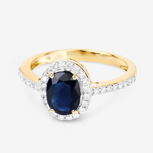 Anillo de oro amarillo de 14K con zafiro azul auténtico de 1.82 quilates y diamante blanco