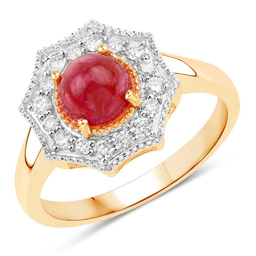 Anillo de oro amarillo de 14K con rubí genuino de 2,01 quilates y diamantes blancos