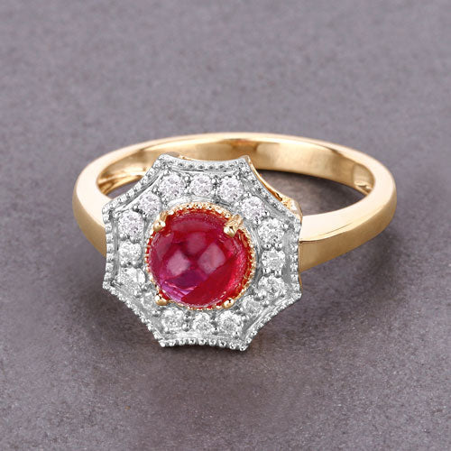 Anillo de oro amarillo de 14K con rubí genuino de 2,01 quilates y diamantes blancos