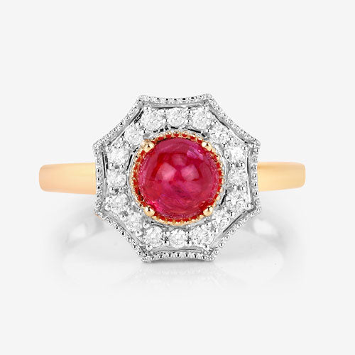 Anillo de oro amarillo de 14K con rubí genuino de 2,01 quilates y diamantes blancos