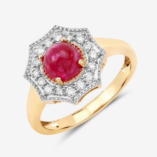 Anillo de oro amarillo de 14K con rubí genuino de 2,01 quilates y diamantes blancos
