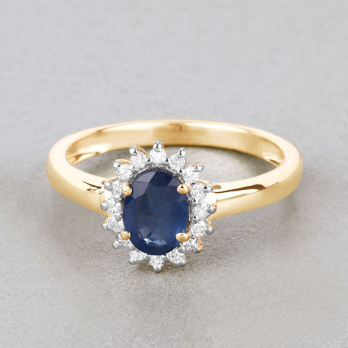 Anillo de oro amarillo de 10K con zafiro azul genuino de 1.11 quilates y diamante blanco