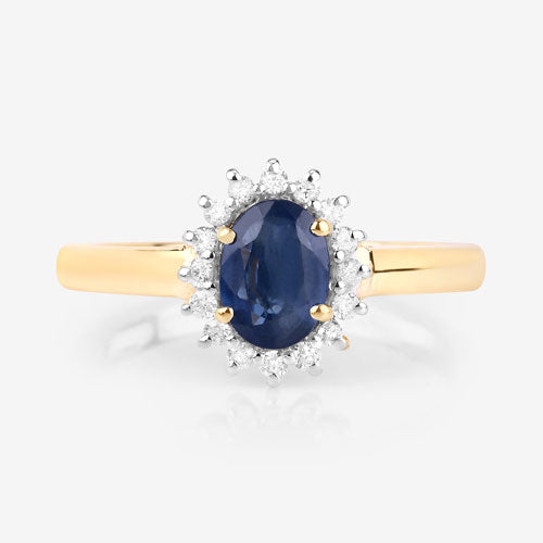 Anillo de oro amarillo de 10K con zafiro azul genuino de 1.11 quilates y diamante blanco