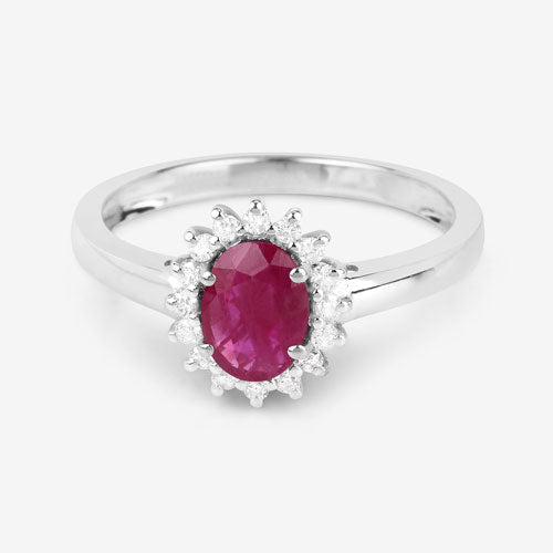 Anillo de oro blanco de 10K con rubí genuino de 1.01 quilates y diamantes blancos