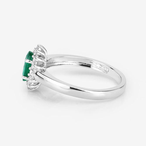 Anillo de oro blanco de 14K con esmeralda genuina de Zambia de 0,86 quilates y diamantes blancos
