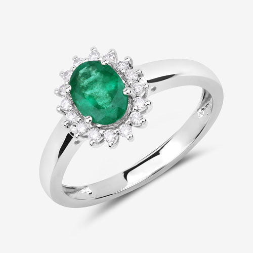 Anillo de oro blanco de 14K con esmeralda genuina de Zambia de 0,86 quilates y diamantes blancos