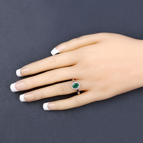 Anillo de oro blanco de 14K con esmeralda genuina de Zambia de 0,86 quilates y diamantes blancos