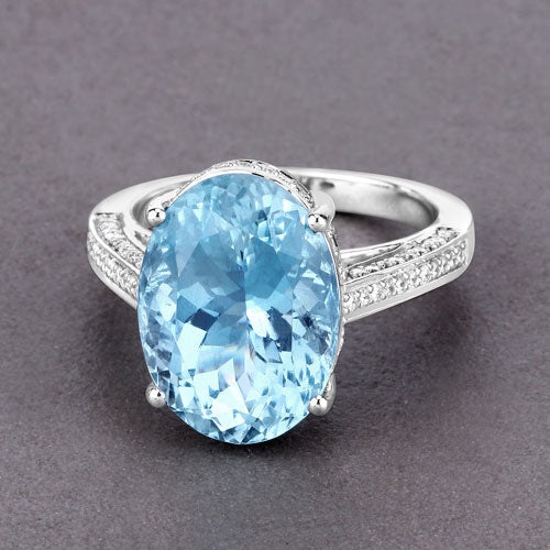 Anillo de oro blanco de 14K con aguamarina genuina de 8.84 quilates y diamantes blancos