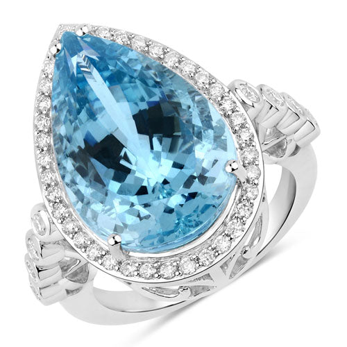 Anillo de oro blanco de 14K con aguamarina genuina de 13,42 quilates y diamantes blancos