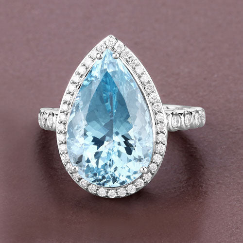 Anillo de oro blanco de 14K con aguamarina genuina de 13,42 quilates y diamantes blancos