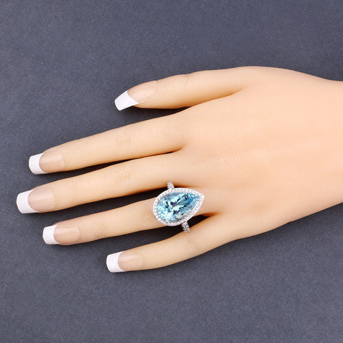 Anillo de oro blanco de 14K con aguamarina genuina de 13,42 quilates y diamantes blancos
