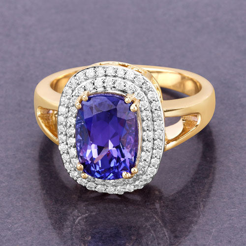 Anillo de oro amarillo de 14 quilates con tanzanita genuina de 3,33 quilates y diamantes blancos