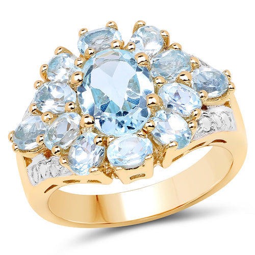 Anillo de plata esterlina .925 con topacio azul genuino de 4.28 quilates chapado en oro amarillo de 14K