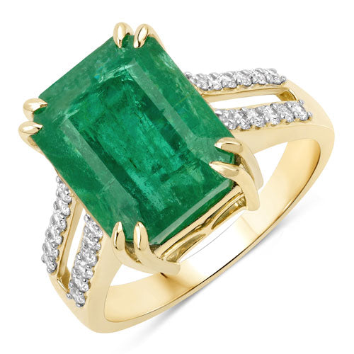 Anillo de oro amarillo de 14 quilates con esmeralda zambiana auténtica de 8,49 quilates certificada por el IGI y diamantes blancos